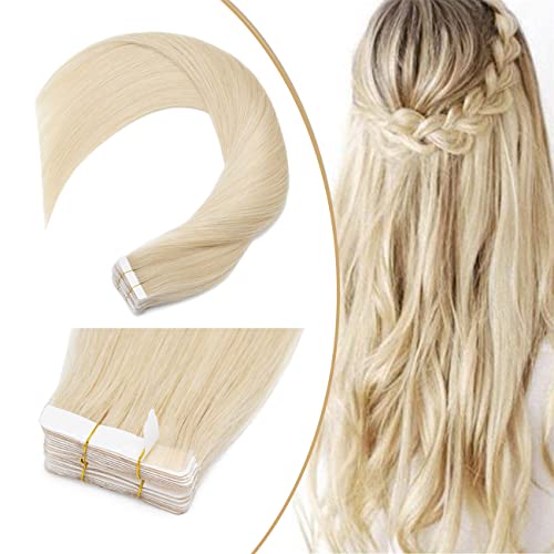 UK-Fashion-Shop Tape Extensions Echthaar 40pcs Remy Echthaar Haarverlängerung 100g - 100% Echthaar Extensions Tape In glatt #60 Platinum Blonde 60cm Cover