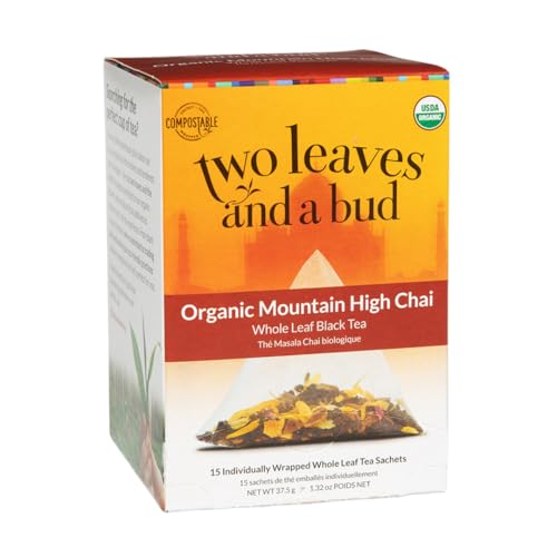 Two Leaves and a Bud Organic Mountain High Chai Tea Bags, Whole Leaf Black Tea and Spices in Compostable Sachets,15 Count (Pack of 1)