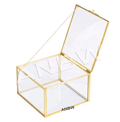 Image of Decorative Glass Square Keepsake Box Home Decor Display Vintage Brass and Clear Glass Jewelry Organizer, Decorative Accent (Size - 5x5 inch, Golden)