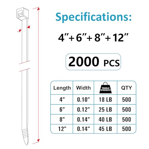 Zip Ties Assorted Sizes(4”+6”+8”+12”), 2000 Pack, Black Cable Ties, UV Resistant Wire Ties by ANOSON