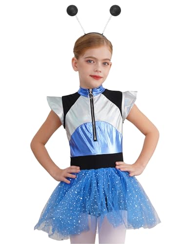 JEATHA Disfraz De Cosplay De Alien De Halloween para Niñas Vestido Metálico Sin Mangas con Aro para El Cabello Ropa De Fiesta Temática Canaval Azul 9-10 años
