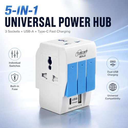 Image of PROSAC 3 Pin Multi Plug | Universal Conversion Multiplug with Type A and Type C USB Charger | Universal Travel Adapter with Individual Switch & LED Indicator | 3 Way Plug Extension with Fuse