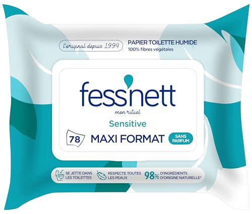 Fess'Nett - Les Essentiels - Sensitive - Feuilles de Papier Toilette Humide Jetable dans les Toilettes - Papier WC Humide - Alternative aux Lingettes - Pack x78