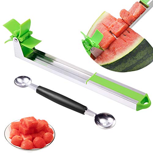 Vantic Watermelon Windmill Slicer Cutter - Stainless Steel Fruit Knife Corer with Melon Baller, Original Gadgets for Home & Kitchen, Green/Sliver