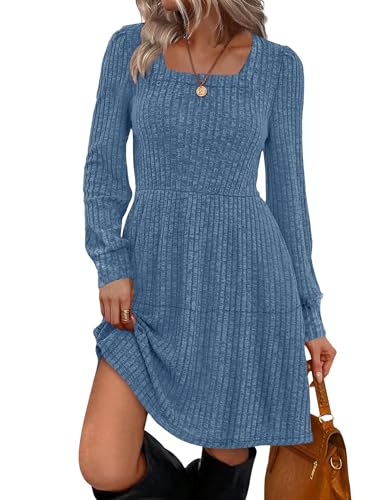 Cicy Bell Freizeitkleider für Damen Leichte Strickkleid Pulloverkleid Langarm A-Linie Casual Babydoll Herbst Kleider,Blau,XL