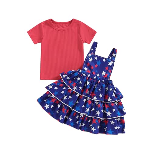 Image of Toddler Baby Girl Summer Clothes Kids Short Sleeve Solid T-Shirt Ruffle Daisy Skirts Overalls Dress Outfit 18M-6T