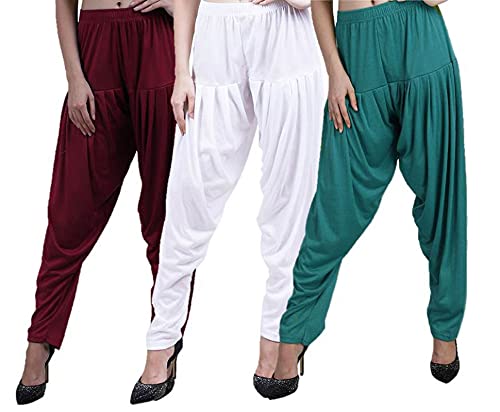 Image of Casuals Women's Regular Fit Viscose Drawstring Patiala Harem Pants Combo Pack 3 (Maroon :: White :: Z.Green,L)