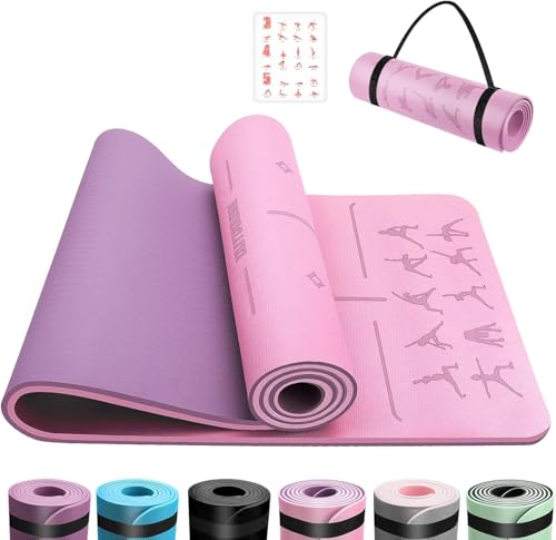 Yoga Mat with Alignment Lines,TPE 6mm Sports Exercise Mat,Non-Slip,for Gymnastics,Pilates,Home, Travel,Gymnastics Mat with Storage Straps,Yoga Mats for Women and Men,183x61x0.6cm