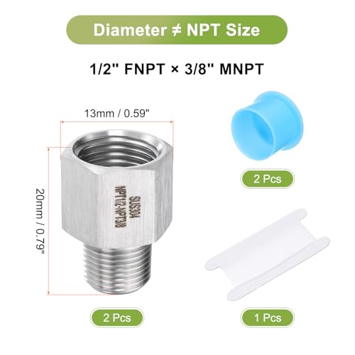 Image of uxcell 2 Pcs Pipe Fittings Reducer Adapter 3 /8 NPT Male Pipe x 1 /2 NPT Female Pipe Stainless Steel Adapter Pressure Gauge Connector for Oil Air Gas Hydraulic Systems