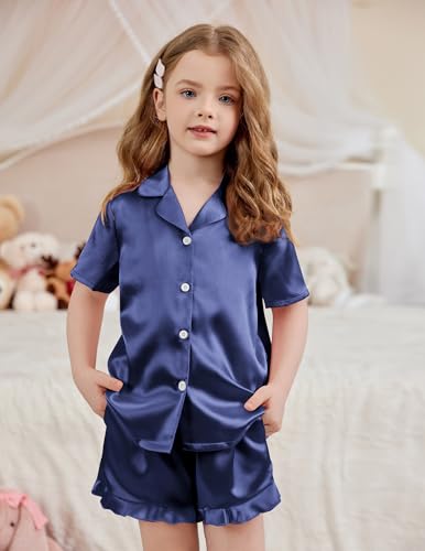Image of Arshiner Girls Pajamas Silk Satin Pajama Set Button Pjs Ruffle Sleepwear | 2 Piece Nightwear, Silky Soft Lounge for Little & Big Kids, Ideal for Sleeping and Sleepover Party