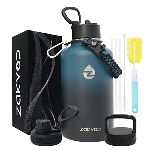 ZAKVOP Botella Termica 2 Litros, Botella Agua Acero Inoxidable con Pajitas y 3 Tapas, Termo Agua de Doble Pared con Asa de Paracord, Botella de Agua Termica a Prueba de Fugas, Botella Agua Gym