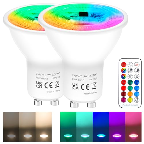 REYLAX Bombillas LED Colores GU10 de 5W, RGB Blanco Cálido Regulable Bombilla con Mando a Distancia, Focos LED RGBW 12 Colore, AC 85-265V, Función de Memoria y Sincronización (paquete de 2)