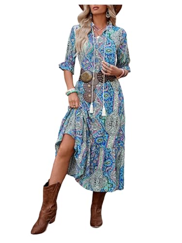 GORGLITTER Women's Western Cowgirl Country Maxi Dresses Outfit Summer Bohemian Boho 3/4 Sleeve Paisley Vintage Sundress Blue Small