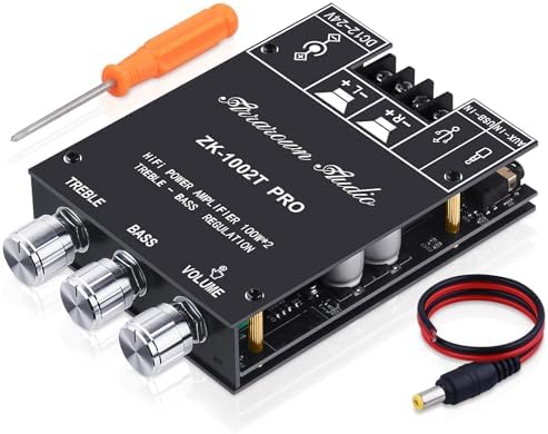 ZK-1002T RPO 2.0 Channel Bluetooth 5.0 Amplifier Board 200W HiFi Subwoofer Audio AMP with Treble and Bass, BT USB and AUX Inputs, DC 12-24V 2.0 Channel Stereo AMP Module for DIY Speakers