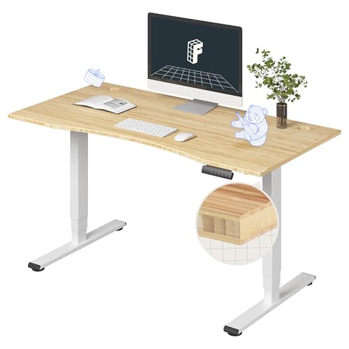 Image of FlexiSpot E6 Bamboo 3-Stage Dual Motor Electric Standing Desk 55 x 28 Sit Stand Up Desk, Holds 220 lbs, Adjustable Height w / Memory Presets, Solid Bamboo Curved Desktop & White Frame, Ships in 2 Boxes