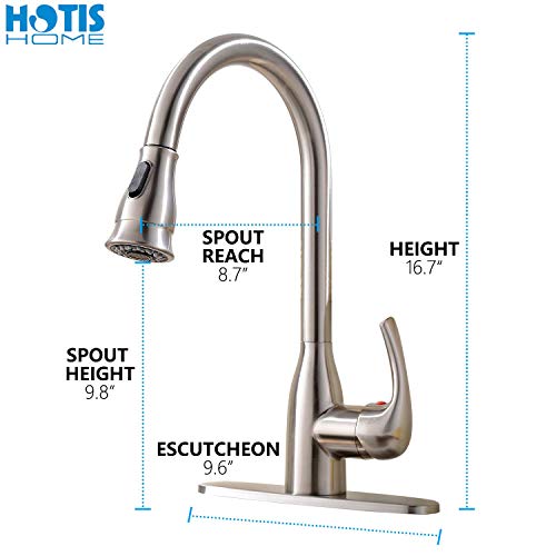 Hotis Commercial Pull Out Single Handle Stainless Steel Pull Down Sprayer Kitchen Sink Faucet, Brushed Nickel Kitchen Faucet with Plate