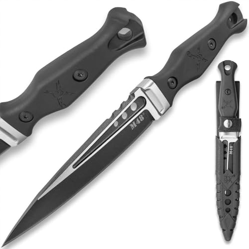 M48 Highland Sgian with Sheath | 5 1/4" Black Oxide-Coated Cast Stainless Steel Blade | Three Through-Holes | Contoured Black TPR Handle | Molded Vortec Sheath with Nylon Strap | 9 1/2" Overall - M48