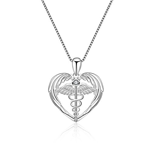 YFN Sterling Silver Caduceus Angel Nursing Themed Pendant Necklace 18