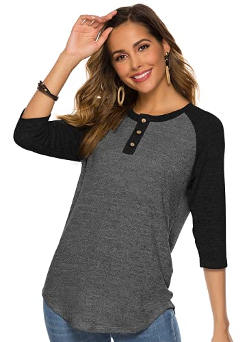 HOCOSIT Women's Raglan V Neck Summer Tops 3/4 Sleeve Ladies Button Henley Shirt Boyfriend Style Blouse3