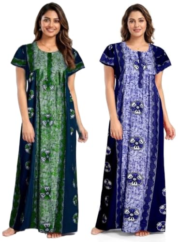 Image of Keyocean Women's Cotton Printed Maxi Nighty, Full Length Night Gown for Women, Comfortable Nightwear and Sleepwear, Free Size, Pack of 2