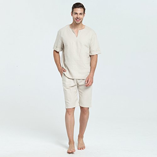 7 VEILS Mens Natural Linen Summer Pajama Set Casual Cotton V Neck Short Sleeve Sleepwear Pj Set4