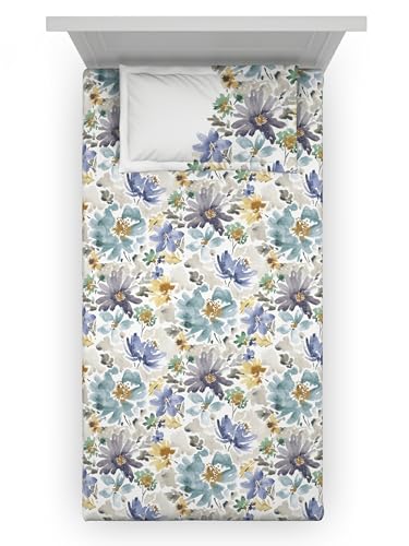 Image of 100% Pure Cotton Single Bedsheet with 1 Pillow Cover | Floral 145TC | Strong Weave for Everyday Use | 152 CM X 224 CM | - Stone Blue