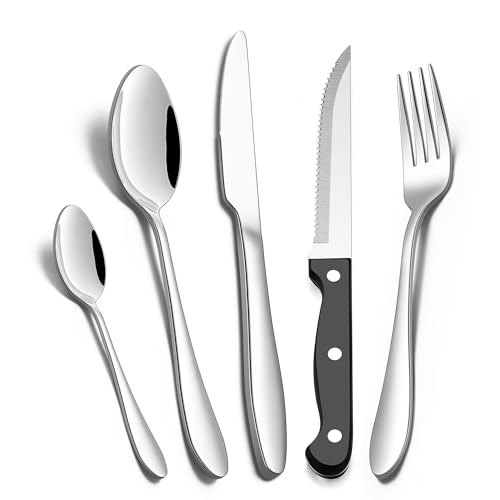 Joyfair 30 Pcs Cutlery Set with Steak Knives, Stainless Steel Flatware Silverware Set for 6 People, Eating Tableware with Fork Knife Spoon for Home/Camping/Party, Mirror Finished & Dishwasher Safe