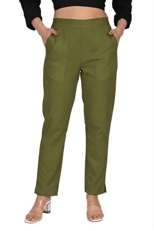Image of Solid Cotton Woman Trousers Pants Regular Fit Kurti Pant with Drawstring Daily Office Formal Casual Use
