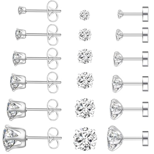 JEYORZY Lot de 12 paires de boucles d'oreilles en acier inoxydable hypoallergénique en acier avec diamant rond en zircone cubique, boucle d'oreille homme...
