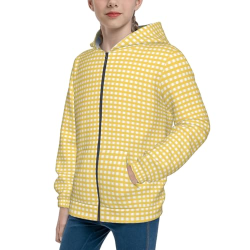 Yellow Gingham Kids Pullover Hoodies Boys Zip Up Sweatshirts Girls Athletic Clothes with Pocket
