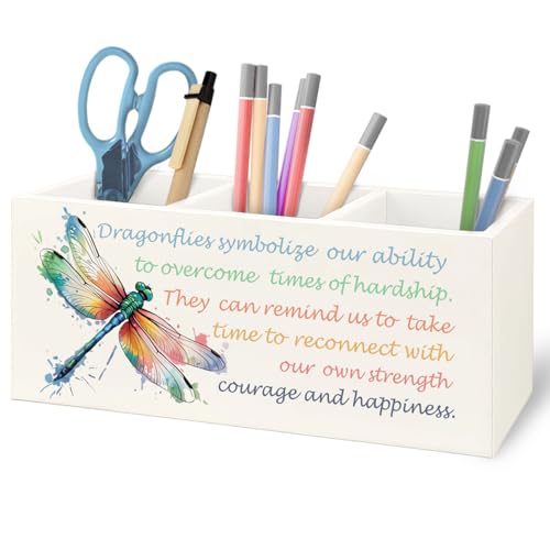 Image of Inspirational Dragonfly Wooden Pen Pencil Holder for Office Desk Accessories, Motivational Gifts for Women, Encouragement Gifts Makeup Brush Toothbrush Holder Organizer