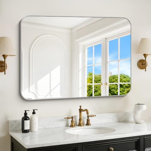 Image of DESBING 40 inchx30 inch Bathroom Mirror for Over Sink, Silver Framed Wall Mirror | High-Definition Shatterproof Vanity Mirror with Rounded Corner for Bedroom Living Room Entryway Horizontally or Vertically