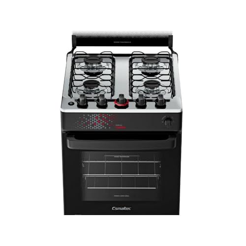 Fogão Esmaltec 4 Bocas Ideal Master Mesa Inox Tampa de Vidro Forno 50 Litros Preto T4ITP Bivolt