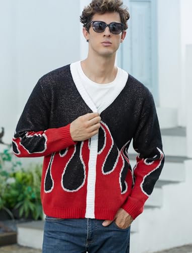 ZAFUL Men's Flame Vintage Cardigan Sweater Color Block Long Sleeve Knitted Sweater Jacket Coat with Buttons4