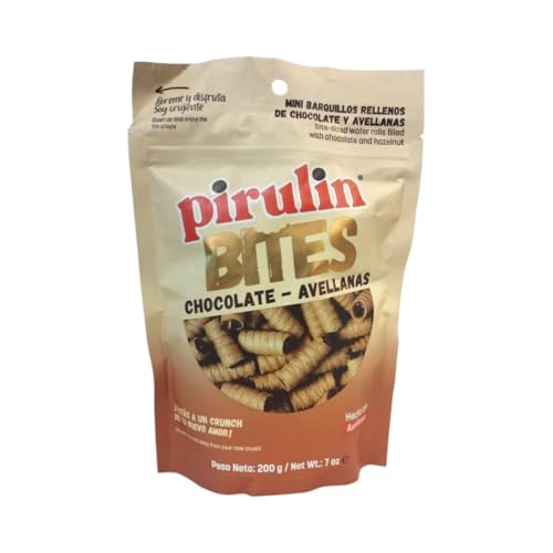 Pirulin Bites 200 gramos - Mini barquillos rellenos de chocolate y avellana. Formato bolsa, snacks dulces