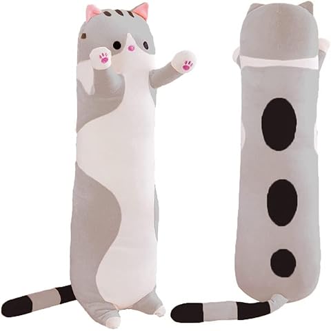 TinGiFu 130CM Katzen-Plüschkissen, süßes langes Katzen-Plüschtier, weiches Kissen, Katze, Kuscheltiere, Cartoon-Kätzchen, schlafend, Umarmungskissen, Geschenk für Kinder und Freundin (130cm, Grau) Cover
