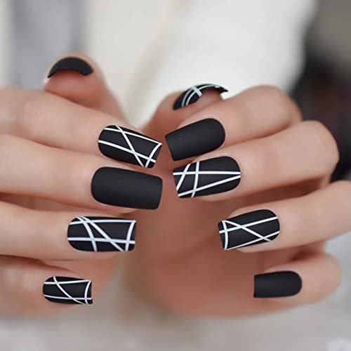 A N K Black false Nails medium length full coverage Glossy fake Artificial nails (Black Strip nail), 24 Piece Assortment