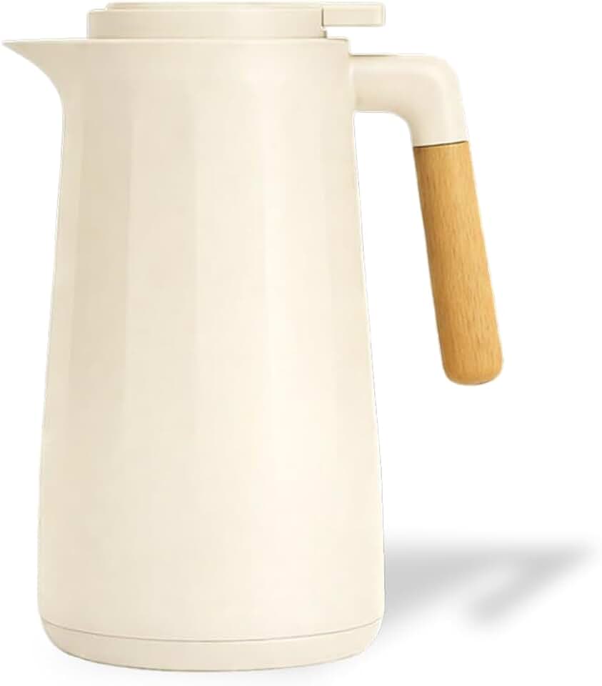 Garrafa Térmica 1L Creme Design Elegante com Cabo de Madeira para Café Chá e Bebidas Quentes Tampa Rosqueável com Sistema de Pressão Mesa Posta Premium