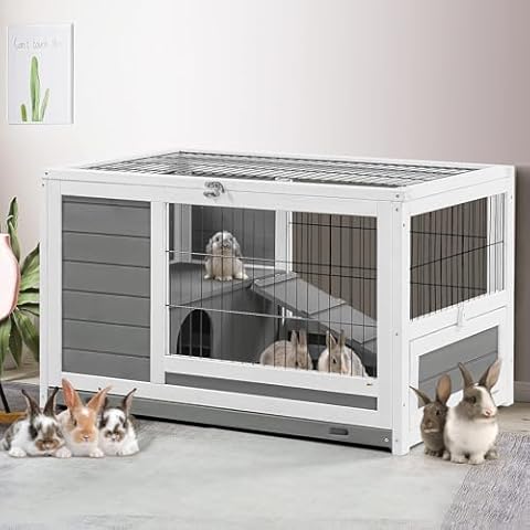 Esright Rabbit Hutch Pet House for Small Animals 35.4" Guinea Pig Cages Rabbit Cage with Run Bunny House Indoor & Outdoor Cover