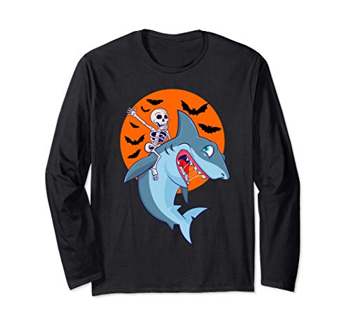 Squelette Équitation Requin Halloween Drôle Cadeau Manche Longue