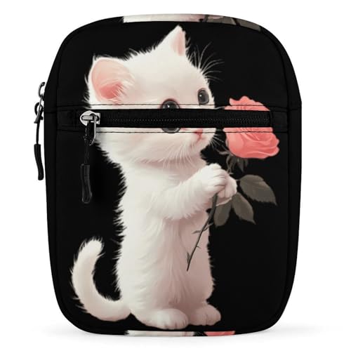 Cute Kitten Cat Holding A Rose Women's Cute Small Mini Crossbody Bag Top Zip Sling Square Shoulder Bags