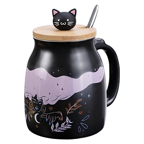 Yueshico Hexen-Kaffeetasse - Hexe Keramik Kaffeetasse mit schwarzer Katze Bambus Deckel Edelstahl Löffel Cover
