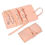 Rolin Roly Leather Travel Jewelry Roll,Travel Jewelry Organizer Bag Portable Jewelry Storage Jewel Bag for Necklace Bracelets,Ring, Gifts for Women (Pink)