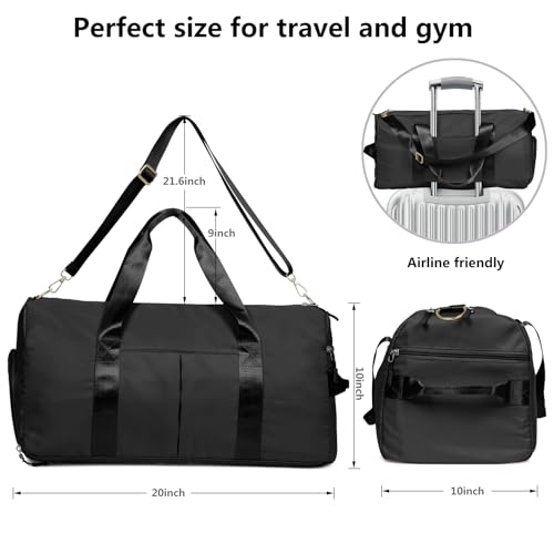 Image of Duffle Bag For Women, Sports Duffel Bag for Gym with Wet Pocket & Shoe Compartment, Overnight Weekender Travel Bag, black, medium, Causal