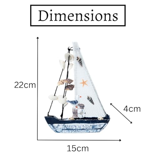 Image of Wooden Decorative Sailboat Nautical Model Showpiece - 15x4x22 cm | Miniature Sailing Boat Showpiece for Home Decor, Living Room, Office & Table Desk Decoration | Faded Blue-Sea Gull