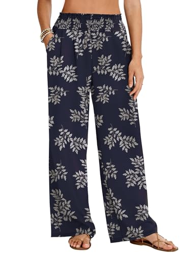 LOMON LOMON Palazzo Pants for Women Casual Wide Leg Flowy Pants Beach Vacation Clothes Elastic Waist Boho Trousers with Pockets