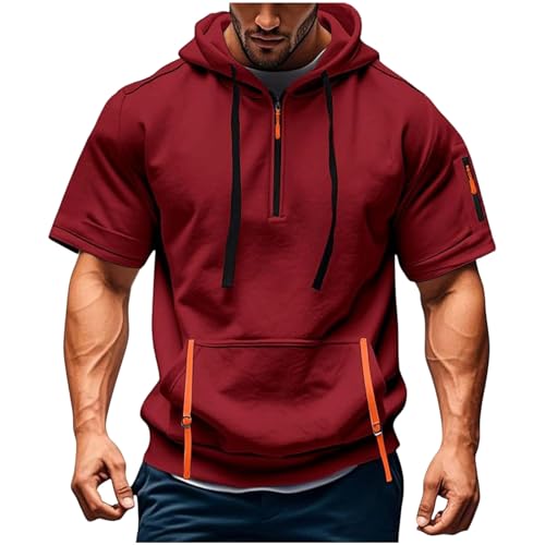 Short Sleeve Hoodies for Men Tactical Quarter Zip Hoodie Muscle Fit Lightweight Oversized Hooded Tshirts with Pocket