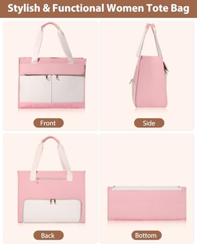 Bnlcd Lunch Tote Bag for Women - 15.6 Inch Laptop Work Bag with Insulated Lunch Compartment - Large Capacity Quilted Computer Handbag - Leakproof Lunch Box for Women dults, Pink-white - image 9