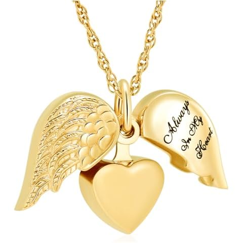 shajwo Cremation Jewelry Angel Wing Heart Urn Necklaces for Ashes for Women Men Memorial Keepsake Human Pendant,Gold Cover