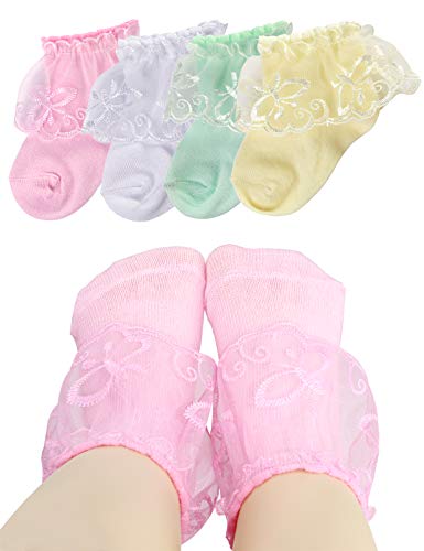 Image of PrinceSasa infant newborn toddler baby girl Princess party lace ruffle frilly socks(Pack of 4),B1,size 0-1 Year(1Y)